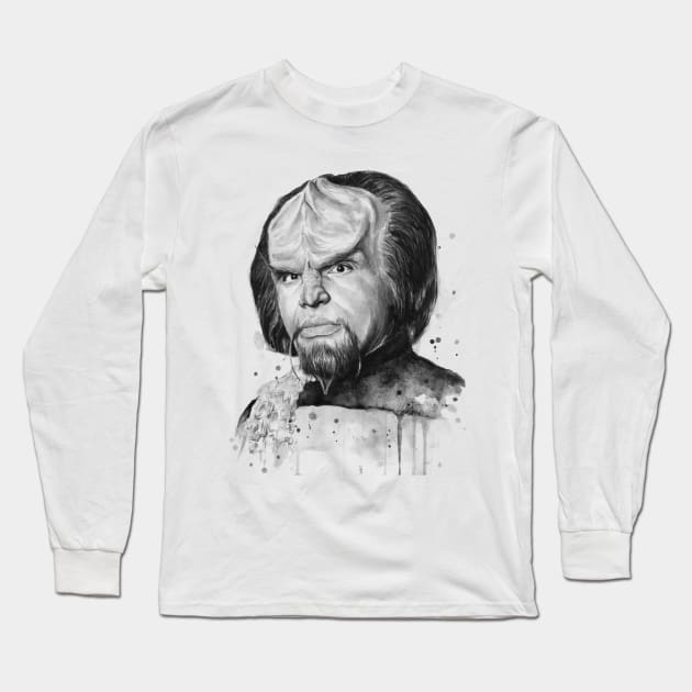 Worf Watercolor Painting Long Sleeve T-Shirt by Olechka